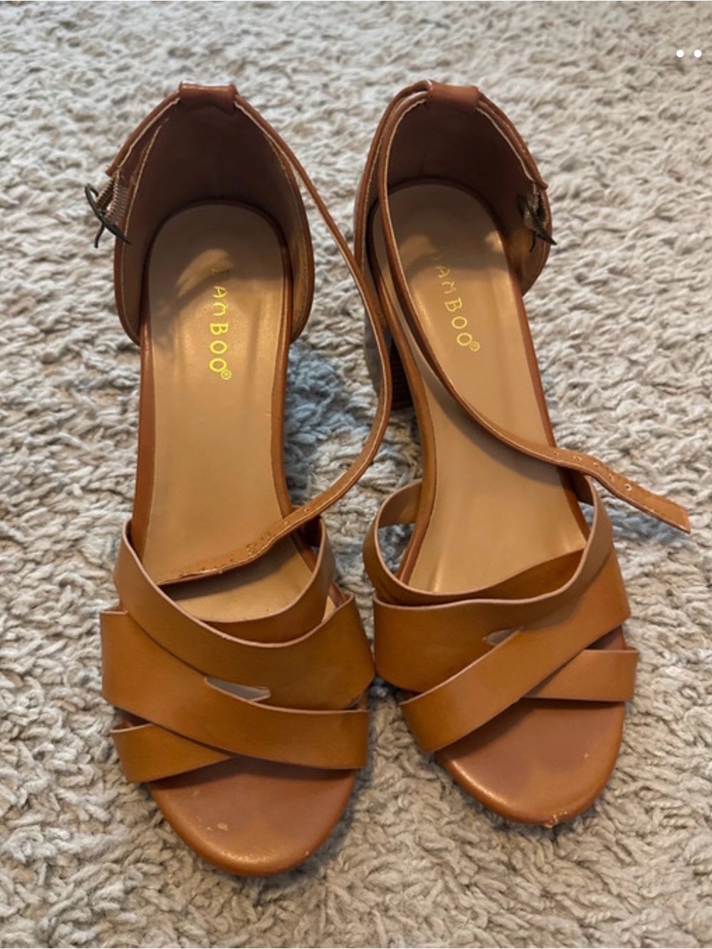BAMBOO Women's Cognac Strappy Block Heel Sandals